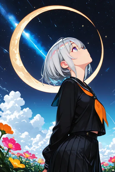 (womanhood\(, Short silver hair, Space-colored eyes, Black school uniform,looking up at the sky), beautiful sky from the light source,  beautiful clouds, colorful summery flowers are blooming all over the place, there is a midday moon and midday stars in t...