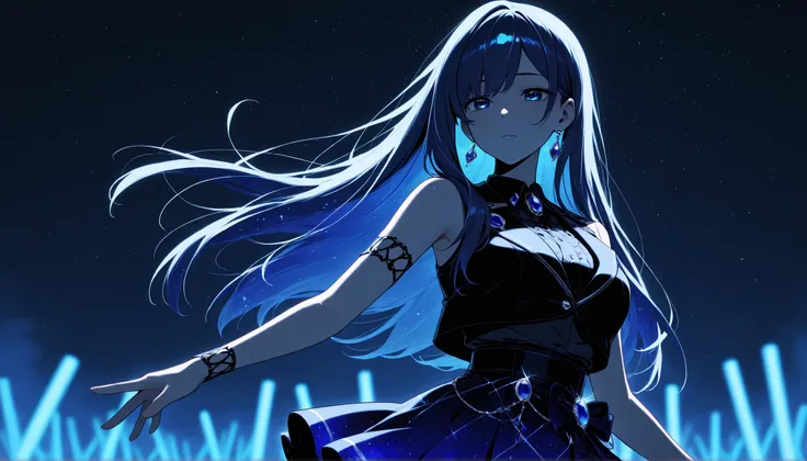 top quality, 8K, high resolution, high contrast,Japanese idol standing on an outdoor stage, short skirt on the arm, I'm wearing a dark blue jewel, The Starry Sky Shines,1girl, An adult woman with a sad expression, The upper body is visible, navy straight h...