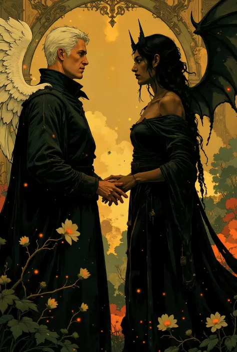 A captivating portrait in Gothic style is shows an angel and a demon in stark opposition. On the left, a man with short white hair and a stern expression wears a dark, high-collared coat. He has white, feathered wings and a glowing halo, symbolizing his ...