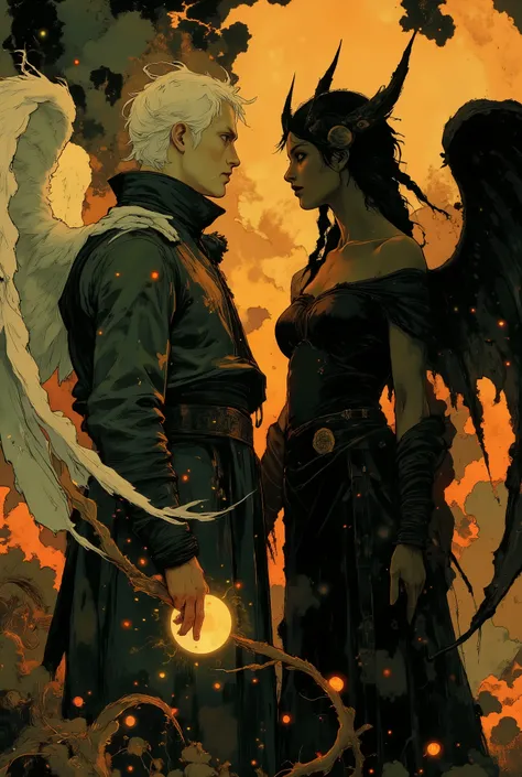 A captivating portrait in Gothic style is shows an angel and a demon in stark opposition. On the left, a man with short white hair and a stern expression wears a dark, high-collared coat. He has white, feathered wings and a glowing halo, symbolizing his ...