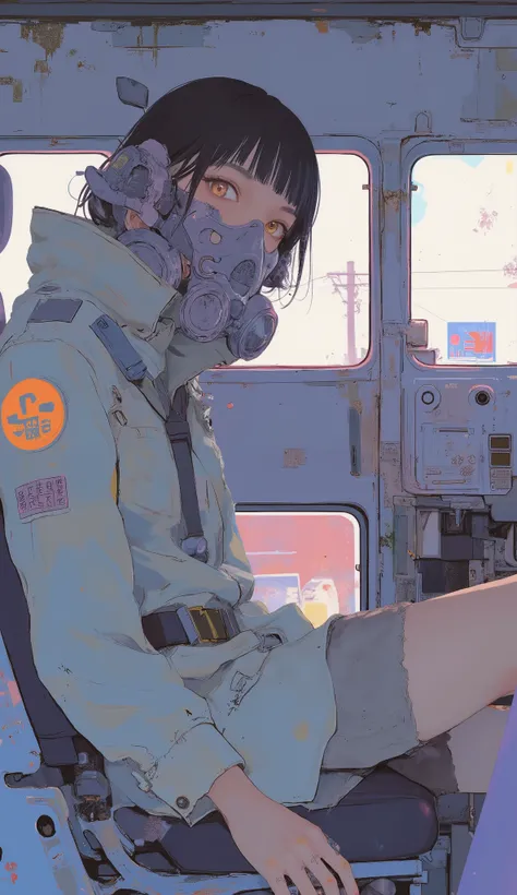 Anime style picture of a woman in military uniform sitting in a car,  Jamie Hewlett Art , inspired  by Thomas Hanukkah ,  by Thomas Hanukkah , There is a poster of a high school girl wearing a gas mask, inspired There is a poster of a high school girl wear...