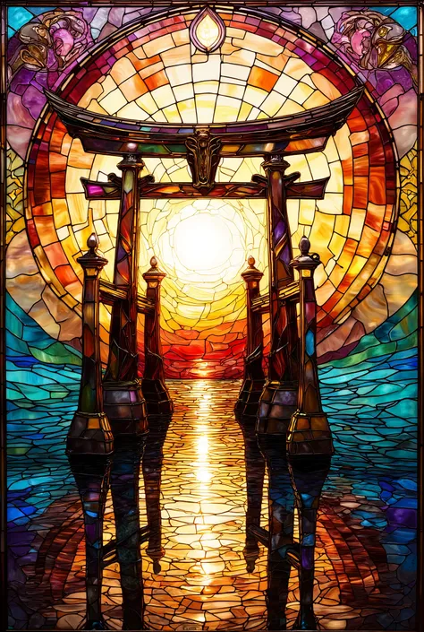 stained glass style 、Itsukushima Shrine、A sea with reflections 、 orange sunrise、荘厳なItsukushima Shrine