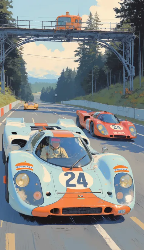 ダイナミックなコミックパネルにteeth、depicts a thrilling car race set in a spa。Francorchamps, with prominent. 主な焦点teeth、レースのスピードand激しさを鮮明に示した2台のポルシェ917レースカー,  and drawbridges , The dynamic comic panel features a pale blue with orange accents. number 24 lead, with sound ef...