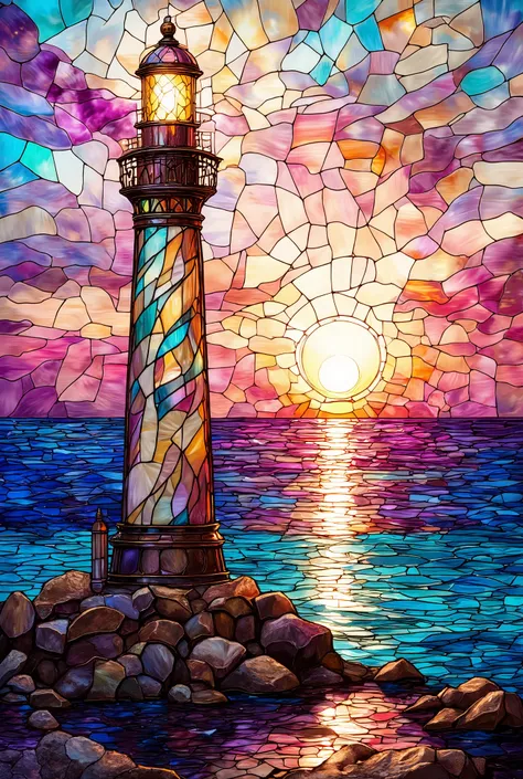 stained glass style.Lighthouse.Pink and light blue sunset.On the Sea.romantic layout