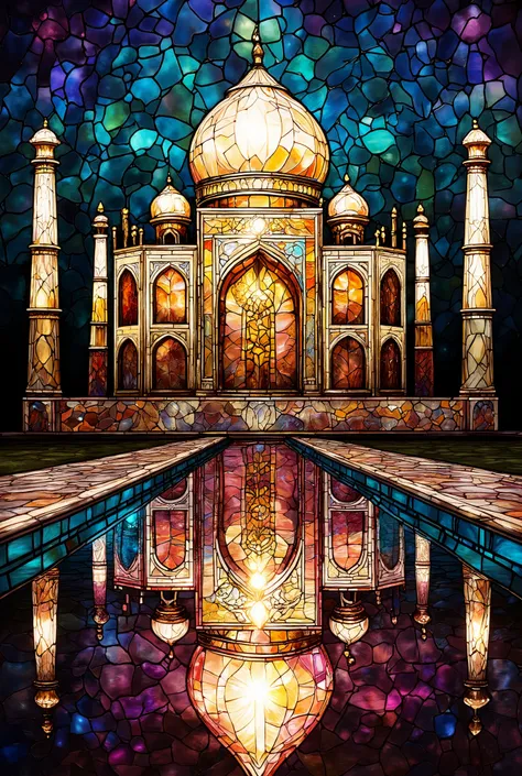 stained glass style.reflecting pools.Taj Mahal with symmetrical domes and spires. white.night. Rose, And gold glass.romantic and sacred layout