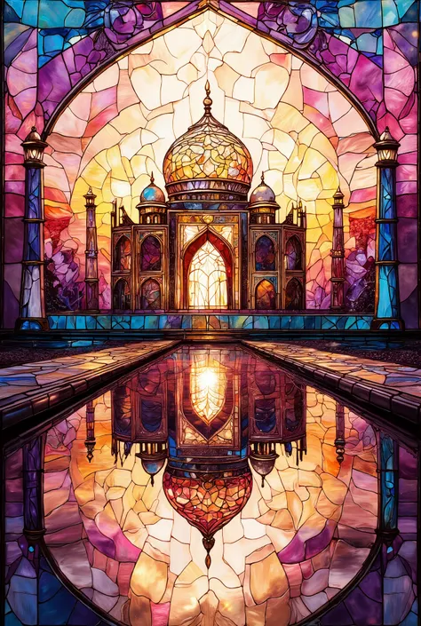 stained glass style.reflecting pools.Taj Mahal with symmetrical domes and spires.Pink and Light Blue Sunset.white. Rose, And gold glass.romantic and sacred layout