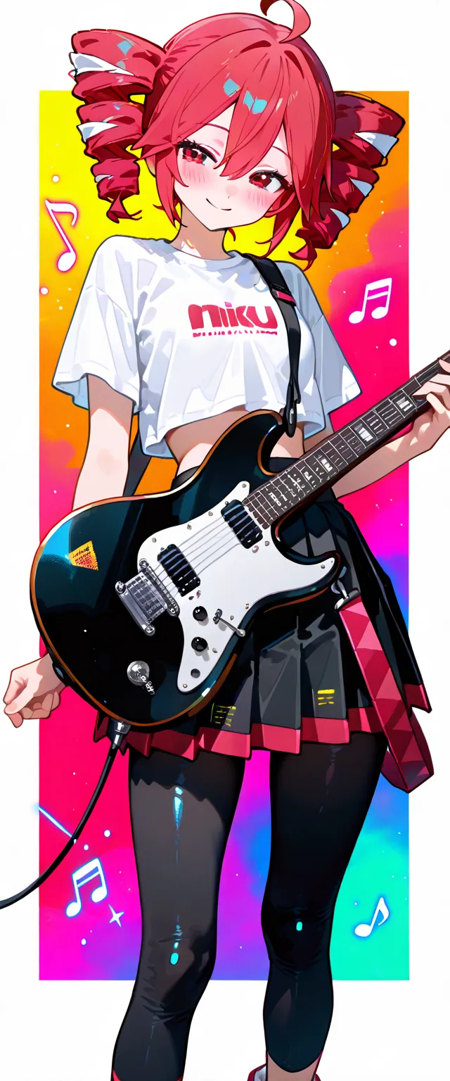 (beautiful girl : 1.3),1 girl,(teto kasane,White t-shirt with Hatsune Miku printed on it,Crop Top Shirt,Pleated Skirt,black leggings,sneakers),Smile Yan,embarrassing,Blush,Carrying an electric guitar,Standing,Musical note mark,Particles of Light, cubism background,colorful color background,dynamic angles that are very close,masterpiece,top quality,Rich Contrasts,High Definition,8k,high definition CG unit wallpaper,Textures,incredibly absurd,RAW pictures,Deep Border 1 .2,very detailed