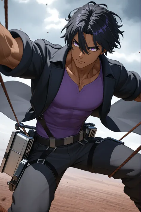 A dark-skinned boy with purple eyes and black hair, wearing a black coat with a purple shirt underneath and cargo pants, using a modified 3D Maneuvering Gear, flying at high speed in the cloudy sky. He has his back to the viewer, he is heading towards a gi...