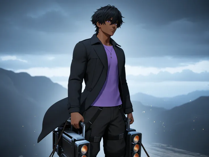 A dark-skinned boy with purple eyes and black hair, wearing a black coat with a purple shirt underneath and cargo pants, using a modified 3D Maneuvering Gear, flying at high speed in the cloudy sky. He has his back to the viewer, he is heading towards a gi...