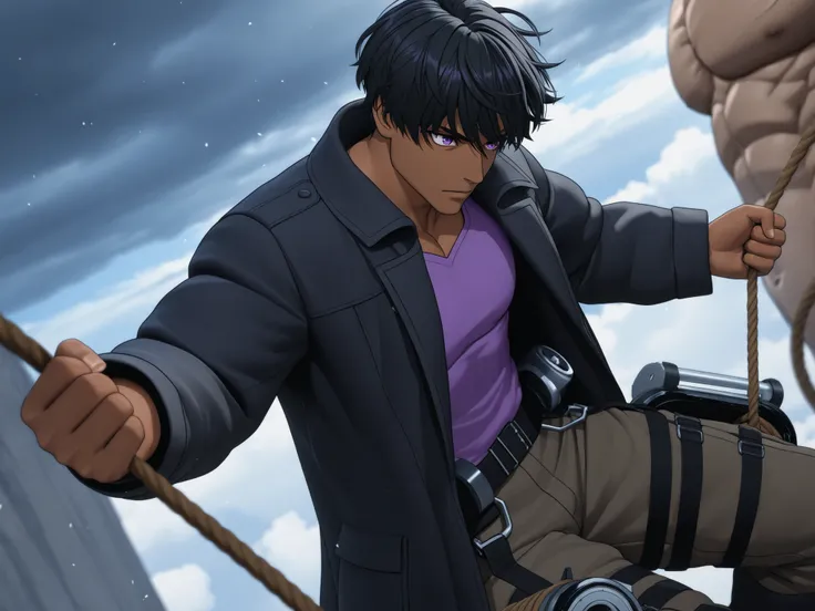 A dark-skinned boy with purple eyes and black hair, wearing a black coat with a purple shirt underneath and cargo pants, using a modified 3D Maneuvering Gear, flying at high speed in the cloudy sky. He is heading towards a giant Titan with exposed muscles,...