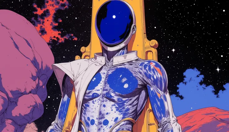Character design sheet of a Koor a  futuristic cosmic male entity floating in deep space, wearing a transparent glass armor that mirrors stars and galaxies, its head is a smooth mirrored sphere without facial features, shown in multiple full-body poses: fr...