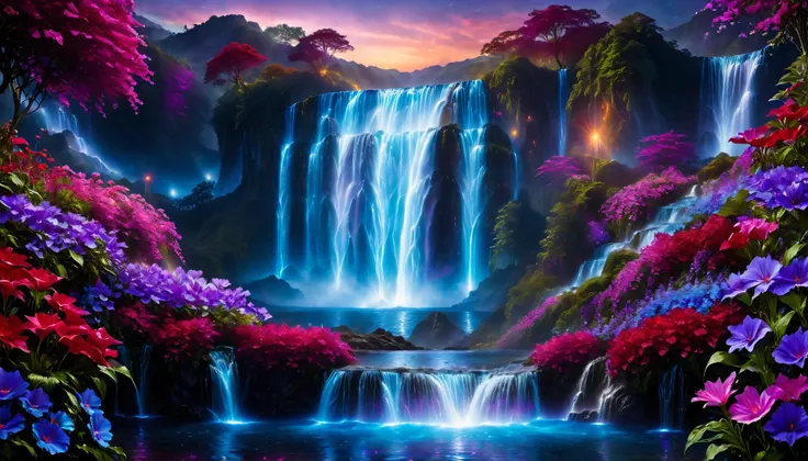 Shiny purple |Pink|blue waterfall amongst strange magic flowers, At night, glowing fairy lights , magic, High quality fairyland waterfall, Realistic Water, ripple, 8k,(A mysterious and majestic large waterfall that can be seen in the back:1.5),Scenery phot...