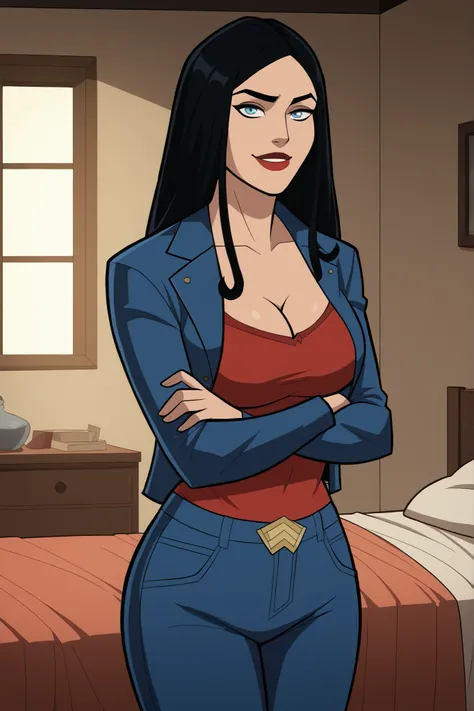 safe_pos, score_9, score_8_up, score_7_up, score_6_up, BREAK, solo, 1girl, wonderwoman, long hair, black hair, blue eyes, large breasts, cleavage, curvy, athletic, smile, bedroom eyes, seductive expression, looking at viewer, wide hips, lipstick, makeup, b...