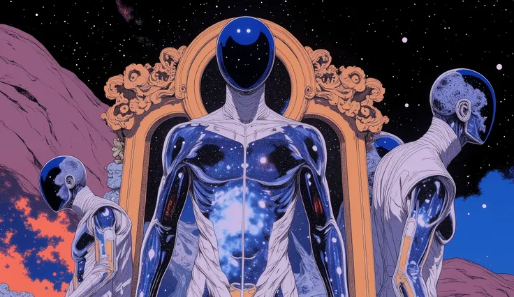 Character design sheet of a Koor a  futuristic cosmic male entity floating in deep space, wearing a transparent glass armor that mirrors stars and galaxies, its head is a smooth blue mirrored sphere without facial features, shown in multiple full-body pose...