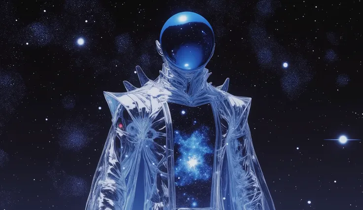 A full body image for a futuristic cosmic male entity floating in deep space, wearing a transparent glass armor that mirrors stars and galaxies, its head is a smooth blue mirrored sphere without facial features, cosmic starfield visible through body, cryst...