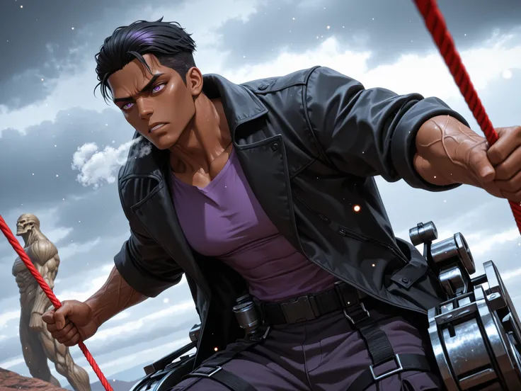 A dark-skinned men with purple eyes and black hair, wearing a black coat with a purple shirt underneath and cargo pants, using a modified 3D Maneuvering Gear, is flying at high speed in the cloudy sky. He is heading towards a giant Titan with exposed muscl...