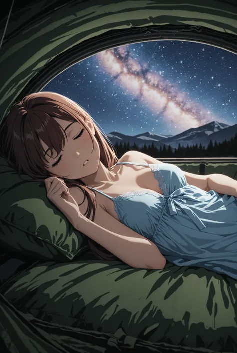 Woman in a sleeping bag　chemise　in the mountains　tent　Shining Star々　 Milky Way　Close your eyes