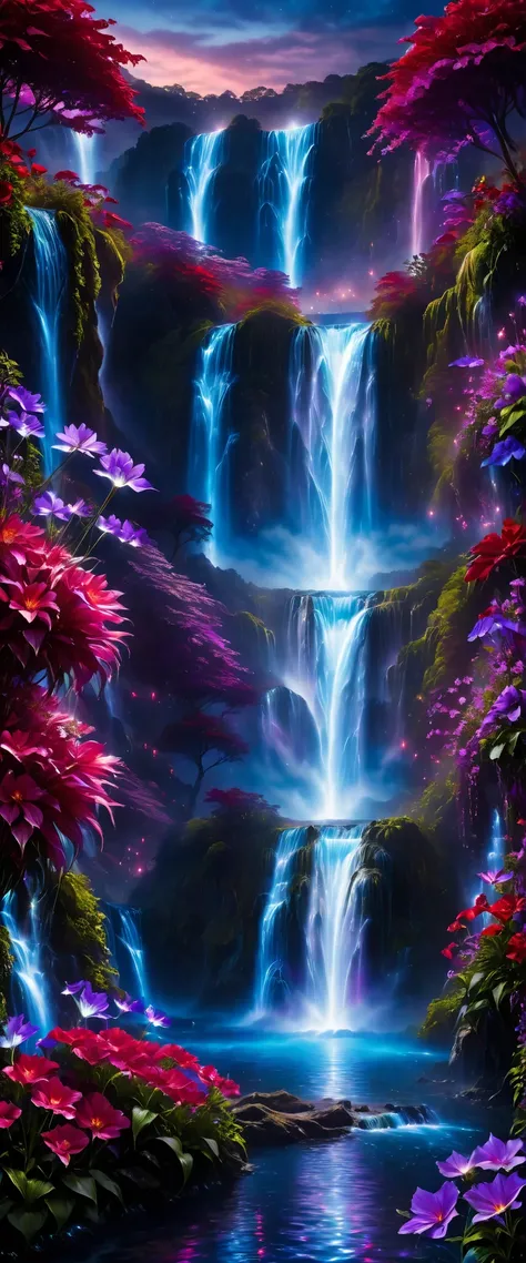 Shiny purple |Pink|blue waterfall amongst strange magic flowers, At night, glowing fairy lights , magic, High quality fairyland waterfall, Realistic Water, ripple, 8k,(A mysterious and majestic large waterfall that can be seen in the back:1.5),Scenery phot...
