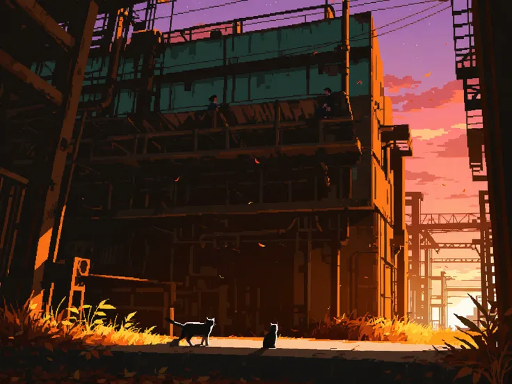 very wide shot, from below, 1 little girl, 1 cat, old industrial area, twilight, (overlooking:1.3), wind, leaves, pixel art,