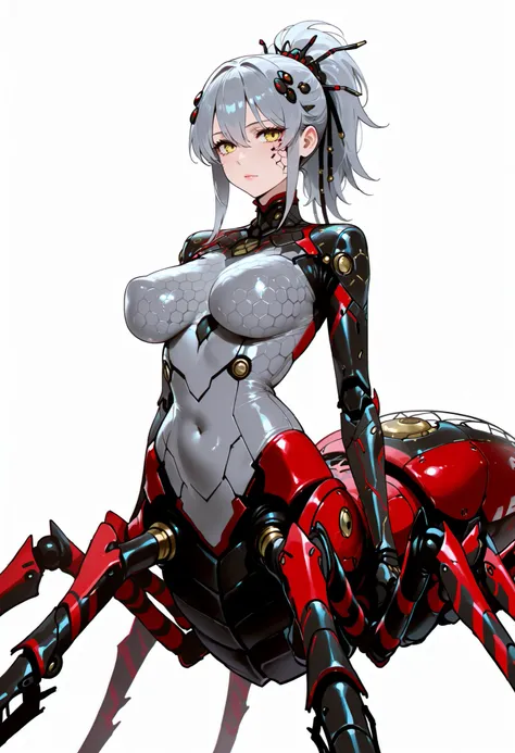 Mechanical Arachne Girl. Grey hair. Ponytail hair. Yellow eyes. Circuit board face tattoo. Mechanical hair accessory. Glossy. Grey bodysuit. Honeycomb pattern bodysuit. Black accents. Perky breasts. Slender waist. Multiple legs. Mechanical insect legs. Bla...