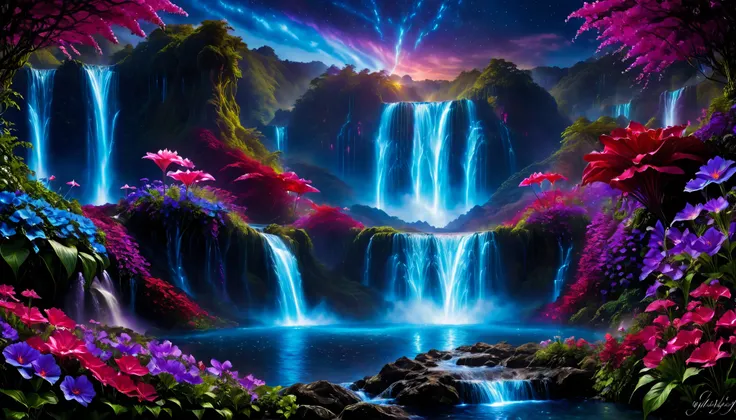 Shiny purple |Pink|blue waterfall amongst strange magic flowers, At night, glowing fairy lights , magic, High quality fairyland waterfall, Realistic fluorescent food water, ripple, 8k,(A mysterious and majestic large waterfall that can be seen in the back:...