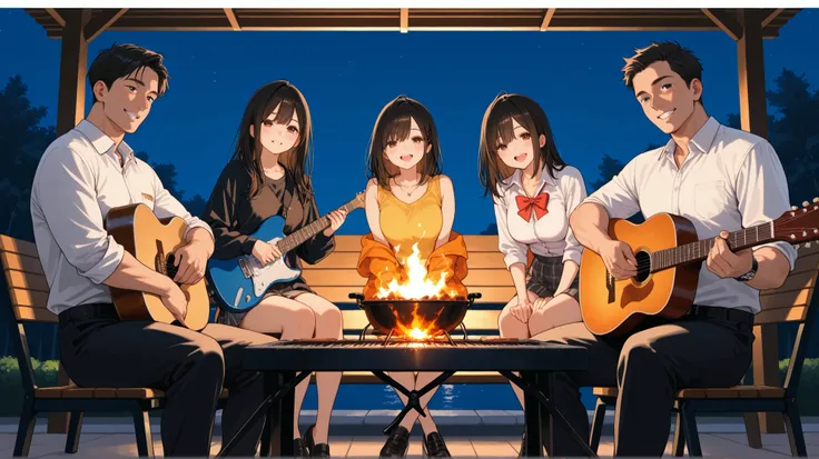 （masterpiece、High Quality、High Definition、4K、8k、details）、college men are sitting on chairs and playing guitar、Women are sitting on chairs around the barbecue table、Enjoying、