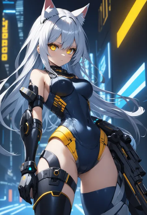 Highest Quality, Detailed depiction of the eyes, one female, younger, slender body, foxy , grayish white hair , long hair, one side braid grated , Big cat eyes, chrome yellow color eyes, cyber punk, iron blue mechanical arm guards , iron blue mechanical le...