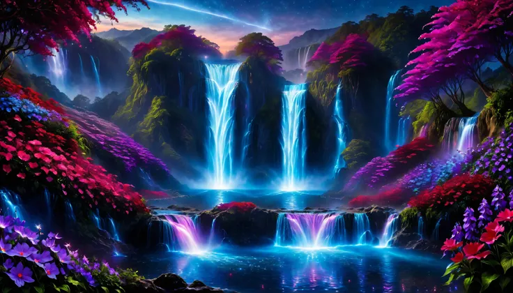 Shiny purple |Pink|blue waterfall amongst strange magic flowers, At night, glowing fairy lights , magic, High quality fairyland waterfall, Realistic Water, ripple, 8k,(A mysterious and majestic large waterfall that can be seen in the back:1.5),Scenery phot...