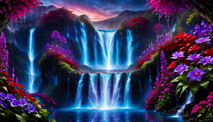 Shiny purple |Pink|blue waterfall amongst strange magic flowers, At night, glowing fairy lights , magic, High quality fairyland waterfall, Realistic Water, ripple, 8k,(A mysterious and majestic large waterfall that can be seen in the back:1.5),Scenery phot...