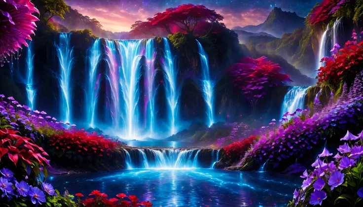 Shiny purple |Pink|blue waterfall amongst strange magic flowers, At night, glowing fairy lights , magic, High quality fairyland waterfall, Realistic Water, ripple, 8k,(A mysterious and majestic large waterfall that can be seen in the back:1.5),Scenery phot...