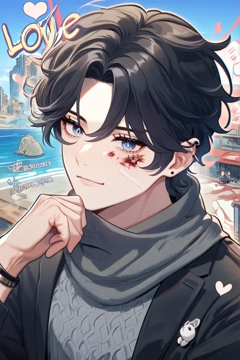 unreasonable, high resolution on the coast, ultra detailed, HDR, Master piece, Top Quality, Very detailed, 세밀한 eye, Delicate Features,  cartoon style , It&#39;s Woojin, black hair , matted hair, 표정이 풍부한 진한 파란 eye, Love Jinx, alone, sexy guy, You are handso...