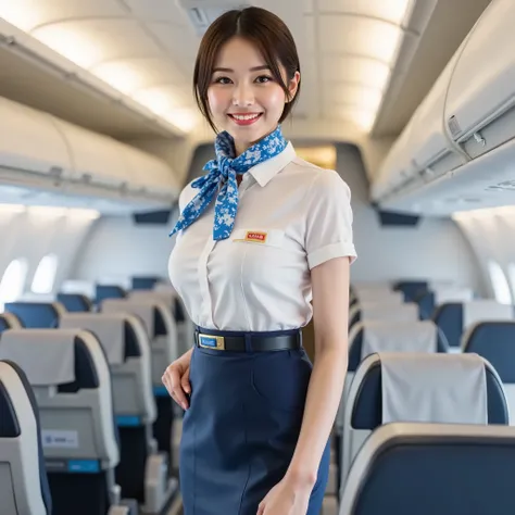 (best quality、table top、8k、winning work、 super high resolution 、best image quality)、(beautiful Japanese top idol woman wearing a JAL flight attendant uniform:1.1)、(white silky shiny shirt、Navy Blue Uniform、navy blue pencil miniskirt、blue floral scarf wrapp...