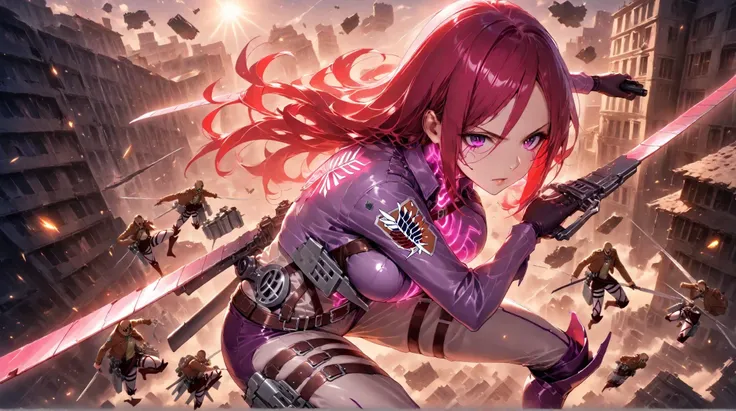 masterpiece, ultra detailed, 4k resolution, cinematic lighting, dynamic angle, perfect anatomy, a beautiful woman (beautiful curves), long red hair with embroidered tips, purple eyes, wearing purple cyberpunk armor with neon pink accents, using two katanas...