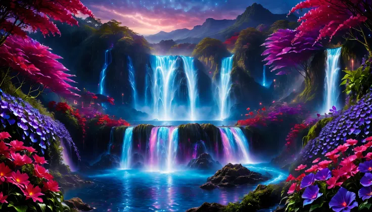 Shiny purple |Pink|blue waterfall amongst strange magic flowers, At night, glowing fairy lights , magic, High quality fairyland waterfall, Realistic Water, ripple, 8k,(A mysterious and majestic large waterfall that can be seen in the back:1.5),Scenery phot...