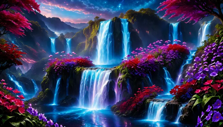 Shiny purple |Pink|blue waterfall amongst strange magic flowers, At night, glowing fairy lights , magic, High quality fairyland waterfall, Realistic Water, ripple, 8k,(A mysterious and majestic large waterfall that can be seen in the back:1.5),Scenery phot...