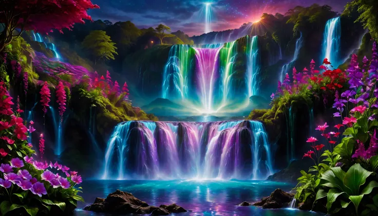 Shiny purple |Pink|blue waterfall amongst strange magic flowers, At night, glowing fairy lights , magic, High quality fairyland waterfall, Realistic Water, ripple, 8k,(A mysterious and majestic large waterfall that can be seen in the back:1.5),Scenery phot...