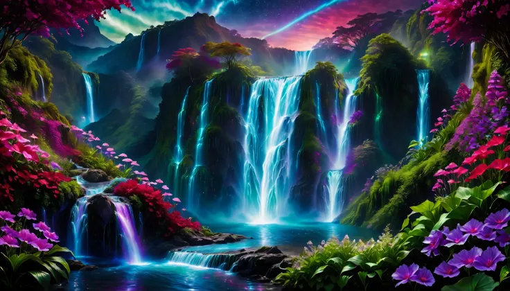 Shiny purple |Pink|blue waterfall amongst strange magic flowers, At night, glowing fairy lights , magic, High quality fairyland waterfall, Realistic Water, ripple, 8k,(A mysterious and majestic large waterfall that can be seen in the back:1.5),Scenery phot...