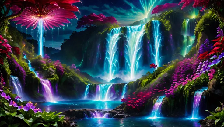 Shiny purple |Pink|blue waterfall amongst strange magic flowers, At night, glowing fairy lights , magic, High quality fairyland waterfall, Realistic Water, ripple, 8k,(A mysterious and majestic large waterfall that can be seen in the back:1.5),Scenery phot...