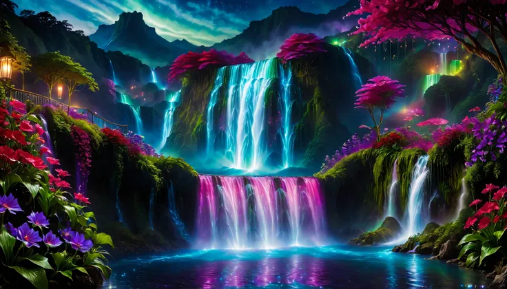 Shiny purple |Pink|blue waterfall amongst strange magic flowers, At night, glowing fairy lights , magic, High quality fairyland waterfall, Realistic Water, ripple, 8k,(A mysterious and majestic large waterfall that can be seen in the back:1.5),Scenery phot...