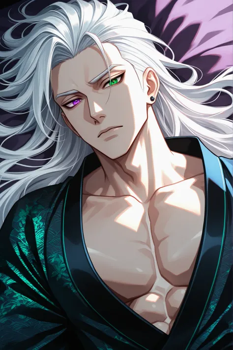 male, handsome, tall, finely detailed purple and green heterochromia eyes and detailed face, puffy lips,, ((very long white hair)), more details, humanoid dragon-god, looking at the viewer, light skin, lying down on bed, detailed textures, (((male focus)))...