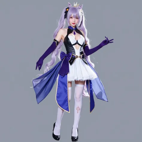 (スーパーの野菜コーナーで買い物中の2人:1.30), BREAK, 魔法少女の明るい衣装, 
A photo of a slim beautiful woman in honkaithird-bronya cosplay costume. The costume contains blue and black clothing cutout two-tone layered dress and white and blue two-tone skirt, and black and blue two-to...