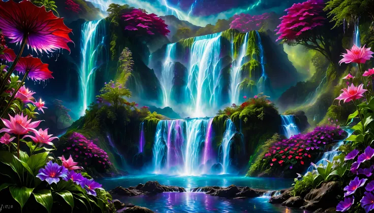 Shiny purple |Pink|blue waterfall amongst strange magic flowers, At night, glowing fairy lights , magic, High quality fairyland waterfall, Realistic Water, ripple, 8k,(A mysterious and majestic large waterfall that can be seen in the back:1.5),Scenery phot...