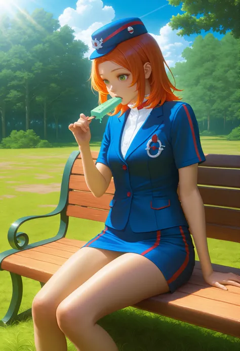 girl guide,tour guide uniform, on the bench, orange hair collected,Bright green eyes, eats Ice Cream ,High detail,4K,photorealistic,HDR,studio lighting, Sharp focus ,deep field,bright rich colors,hips,in nature,summer day,sunlight, green grass ,blue sky wi...