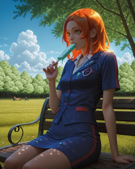 girl guide,tour guide uniform, on the bench, orange hair collected,Bright green eyes, eats Ice Cream ,High detail,4K,photorealistic,HDR,studio lighting, Sharp focus ,deep field,bright rich colors,hips,in nature,summer day,sunlight, green grass ,blue sky wi...