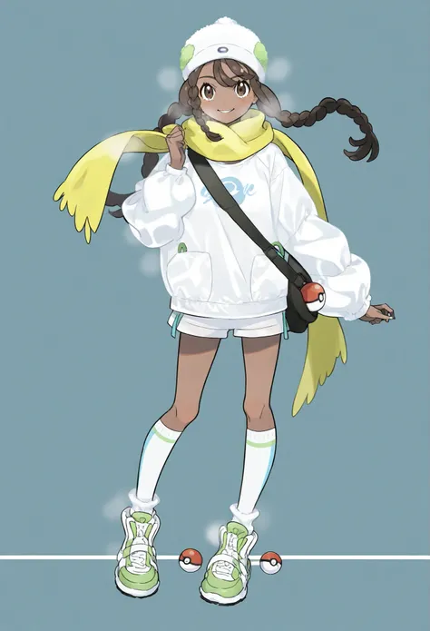 ung girl ,brown double twist braid,character nearby, Pokémon style,cute,pure white t-shirt,light dark green plush open windbreaker,Full Body,Pure white knee-length socks,winter,Hold the golden scarf with one hand,cap,sneakers,solid color background,Smile,...