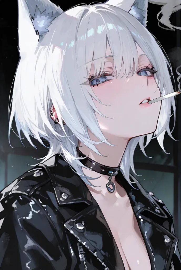 white hair,wolf cut hair、blue eyes、Black Leather Jacket、Wear a choker around your neck、piercing、 smoke