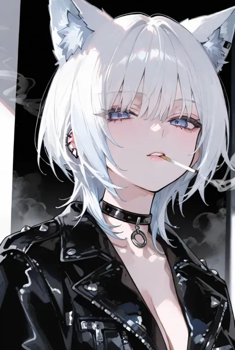 white hair,wolf cut hair、blue eyes、Black Leather Jacket、Wear a choker around your neck、piercing、 smoke