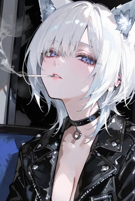 white hair,wolf cut hair、blue eyes、Black Leather Jacket、Wear a choker around your neck、piercing、 smoke