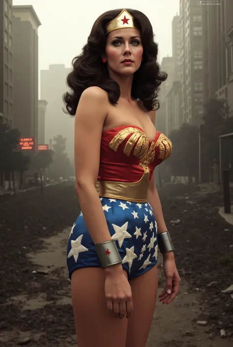 (Excellent masterpiece:1.5)0.7]，(wonder woman:1.2) ( messy brunette :1.1) ( dark eyes :1.2) (muscular:1.1) (Thick lips:0.9)， A photorealistic, high-resolution side-rear portrait of a beautiful, confident woman dressed in a classic 1970s Wonder Woman costum...