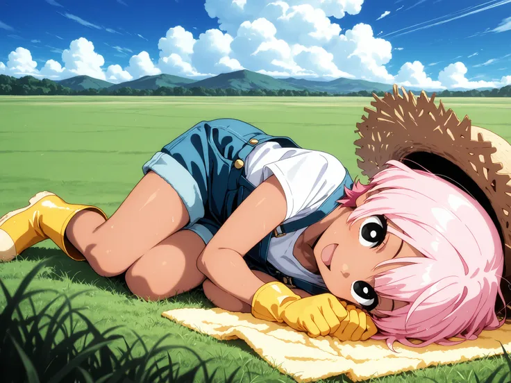 1 girl,solo,beautiful japanese,girl,cute,kawaii,black eyes,tanned skin,pink hair,short hair,masterpiece,general,highres, ultra-detailed,very aesthetic,best quality ,best hands,best eyes,perfect anatomy,anime coloring,newest,easynegative,BREAK,overalls,snea...